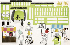 Arbetsförmedlingen. Illustration: Gustav Dejert