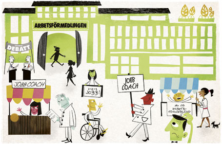 Arbetsförmedlingen. Illustration: Gustav Dejert